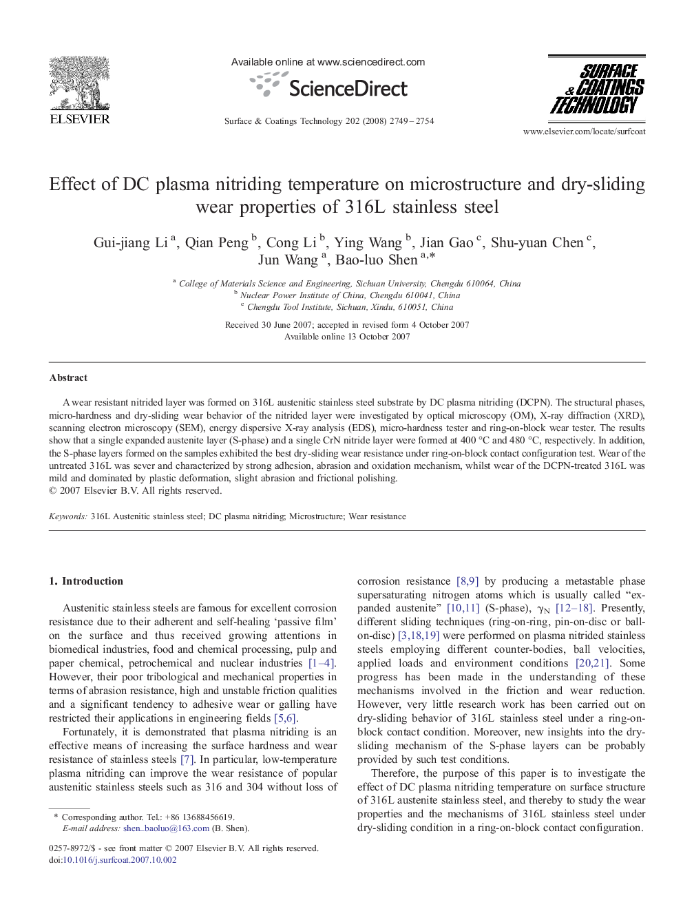 Effect of DC plasma nitriding temperature on microstructure and dry-sliding wear properties of 316L stainless steel