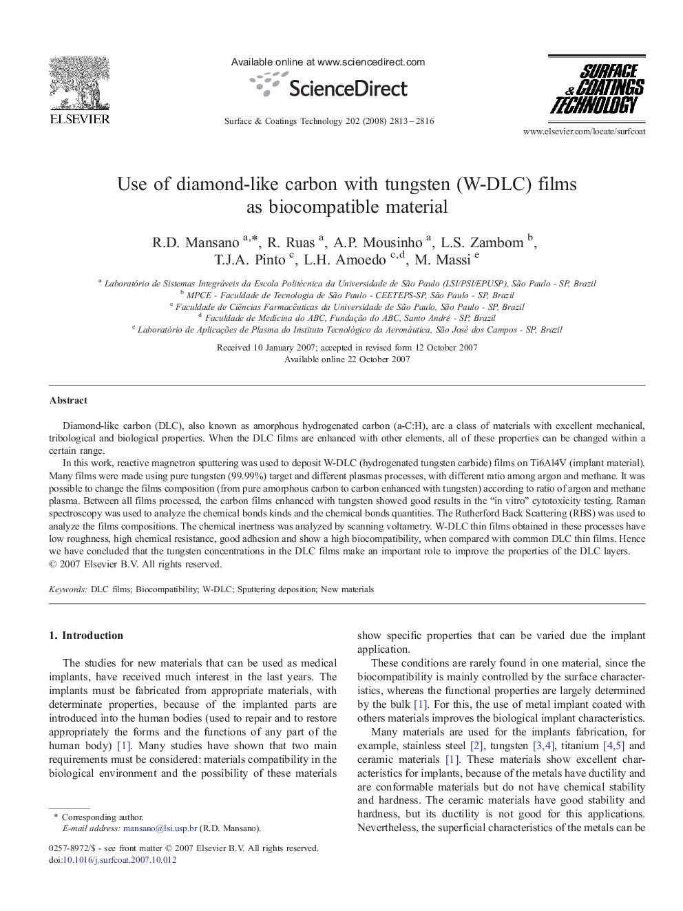 Use of diamond-like carbon with tungsten (W-DLC) films as biocompatible material