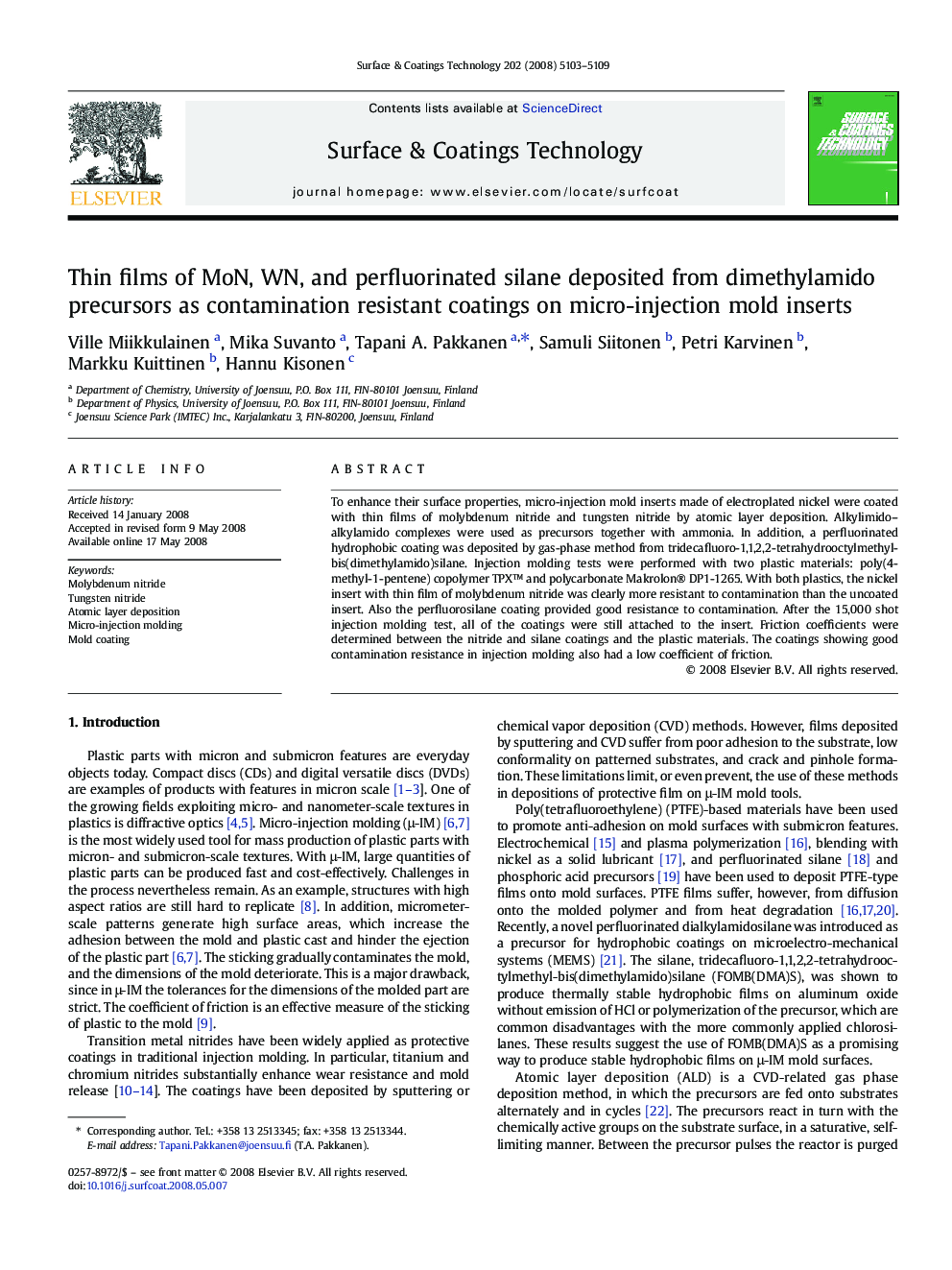 Thin films of MoN, WN, and perfluorinated silane deposited from dimethylamido precursors as contamination resistant coatings on micro-injection mold inserts