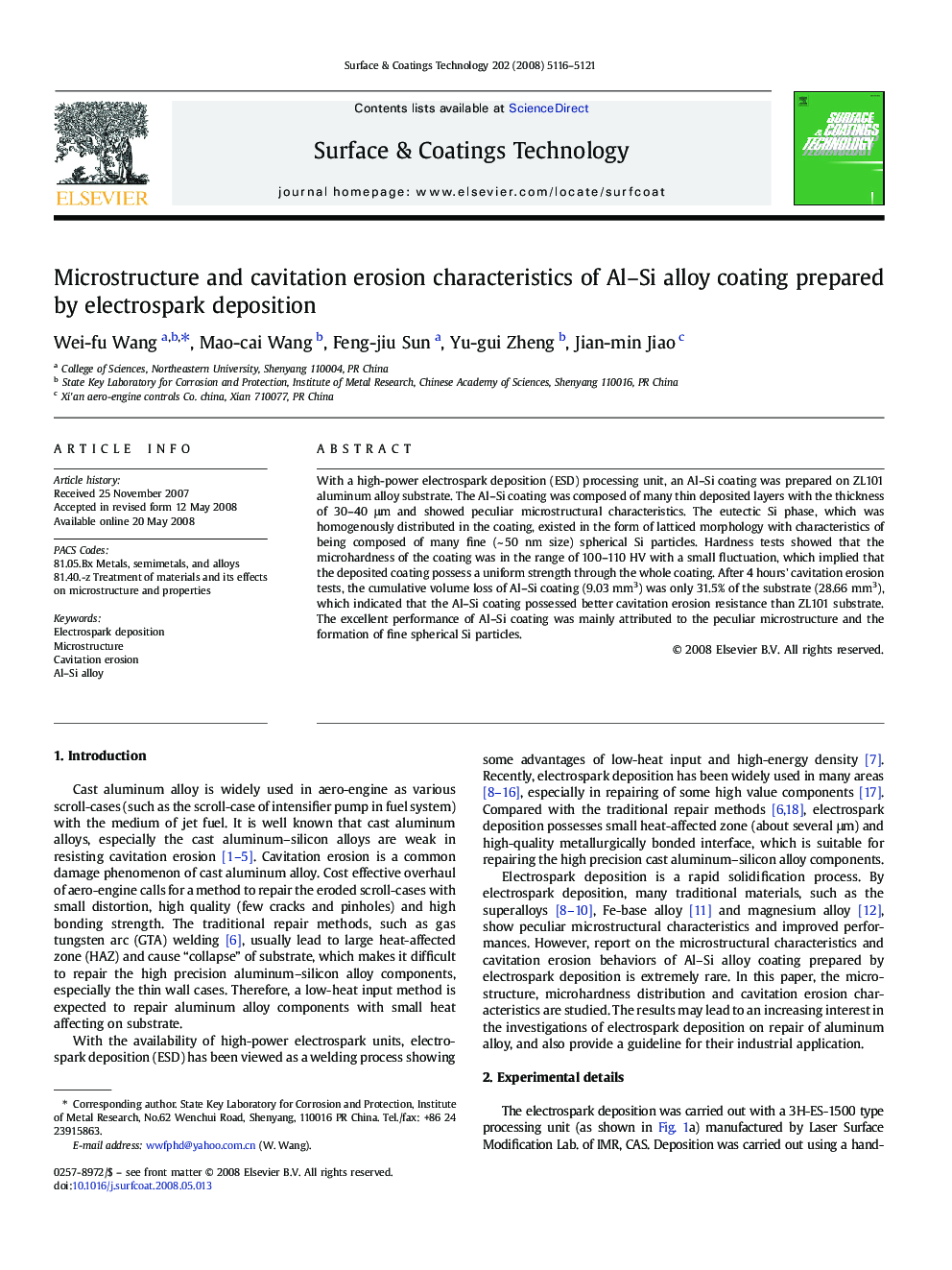 Microstructure and cavitation erosion characteristics of Al-Si alloy coating prepared by electrospark deposition