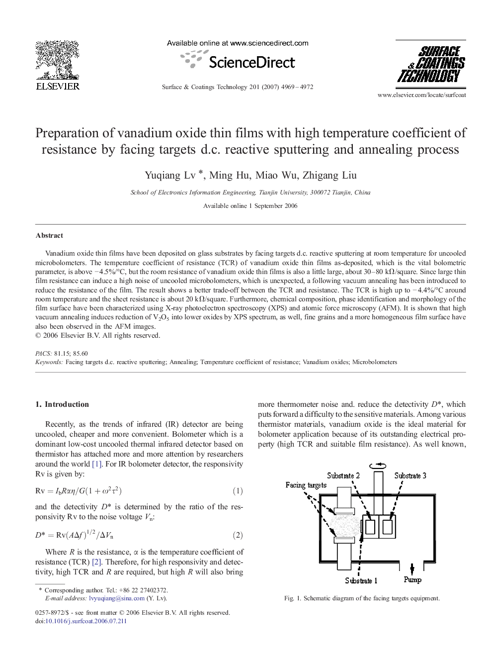 Preparation of vanadium oxide thin films with high temperature coefficient of resistance by facing targets d.c. reactive sputtering and annealing process