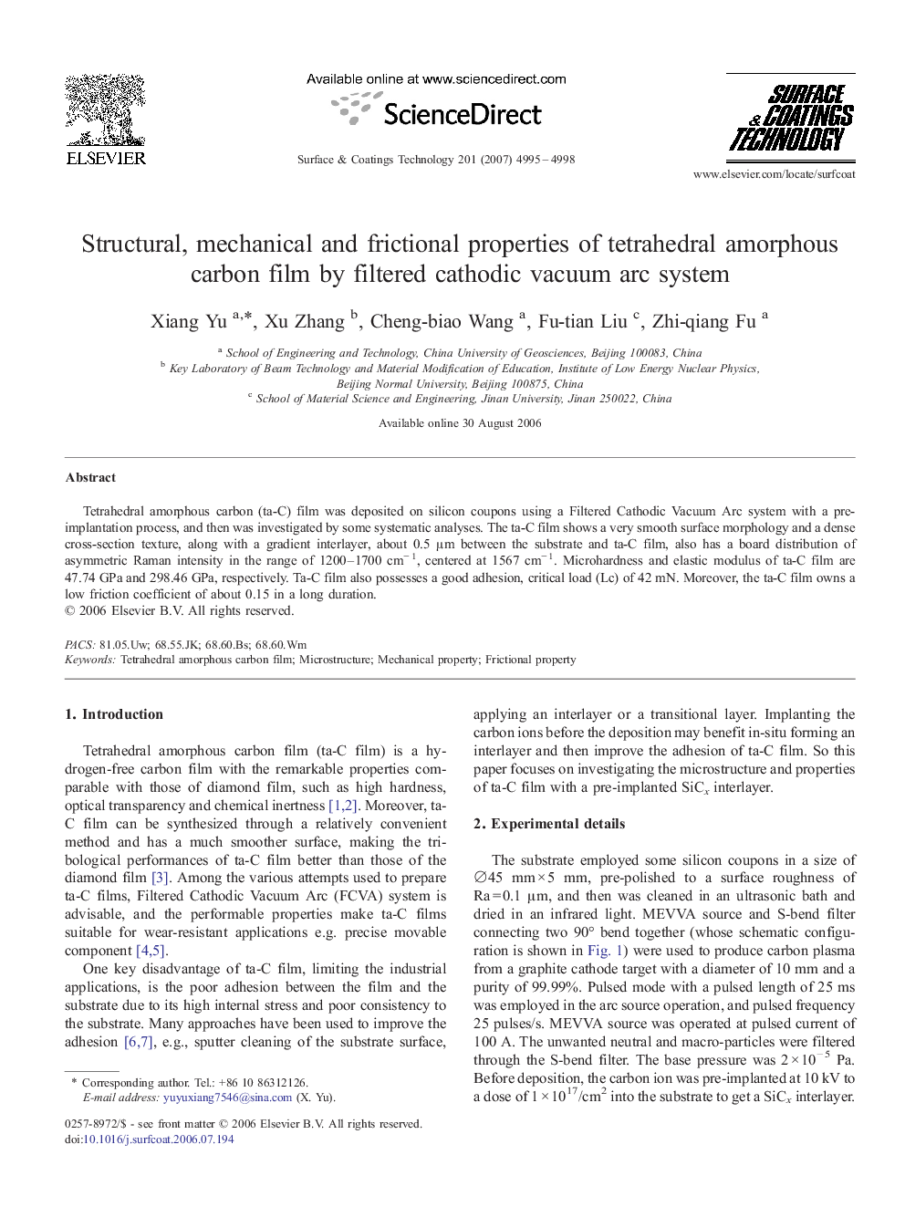 Structural, mechanical and frictional properties of tetrahedral amorphous carbon film by filtered cathodic vacuum arc system