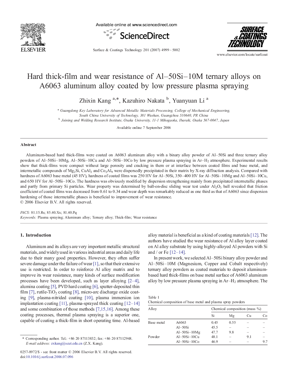 Hard thick-film and wear resistance of Al–50Si–10M ternary alloys on A6063 aluminum alloy coated by low pressure plasma spraying