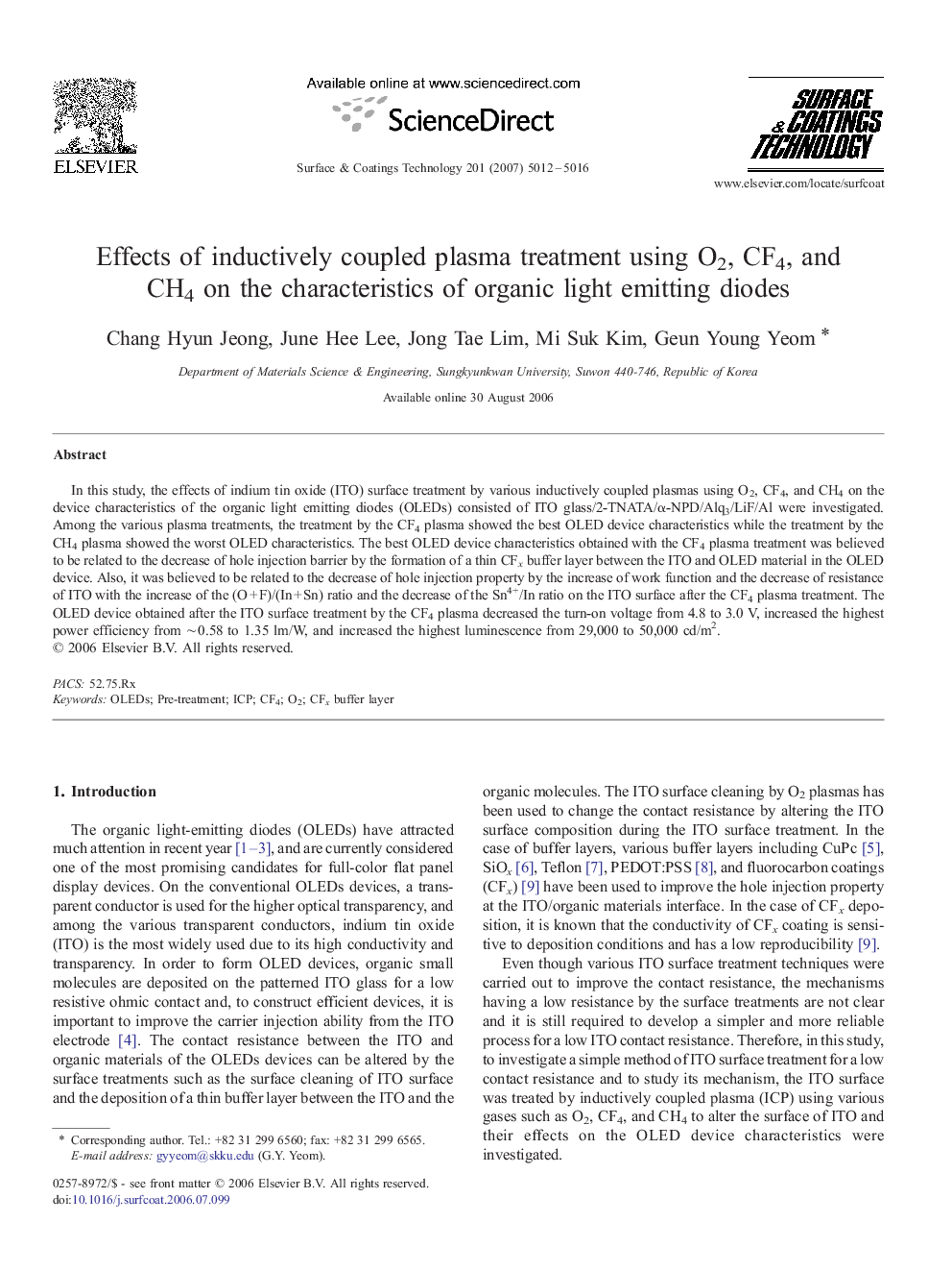 Effects of inductively coupled plasma treatment using O2, CF4, and CH4 on the characteristics of organic light emitting diodes