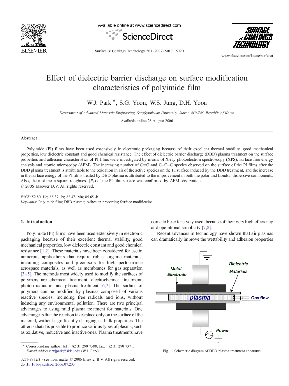 Effect of dielectric barrier discharge on surface modification characteristics of polyimide film