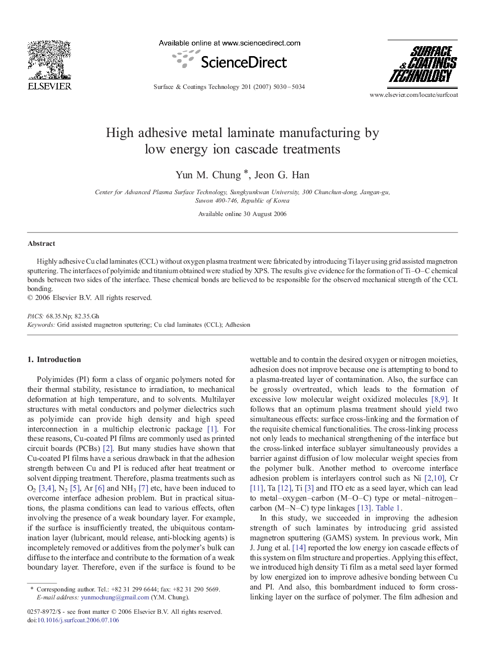 High adhesive metal laminate manufacturing by low energy ion cascade treatments