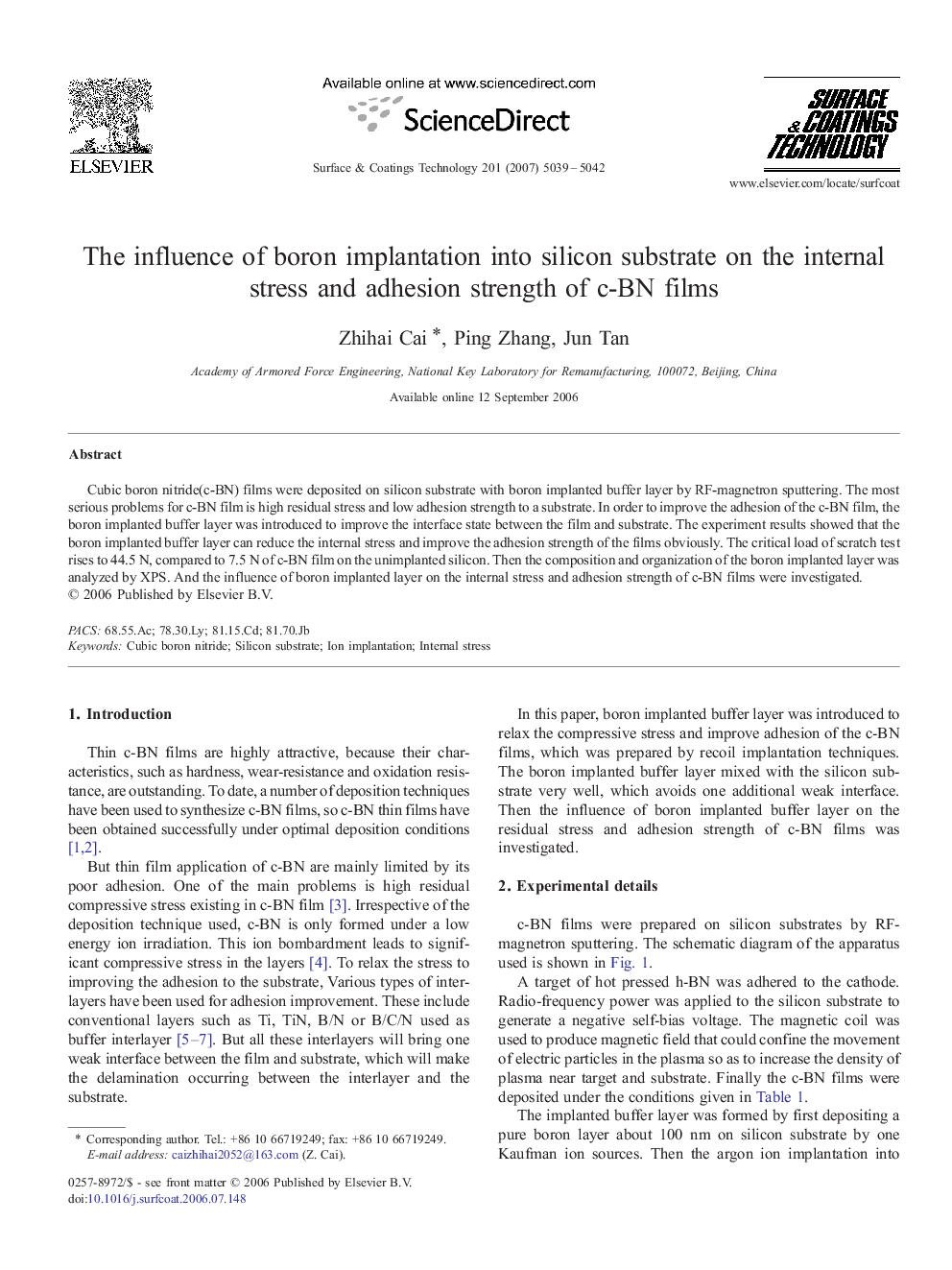 The influence of boron implantation into silicon substrate on the internal stress and adhesion strength of c-BN films