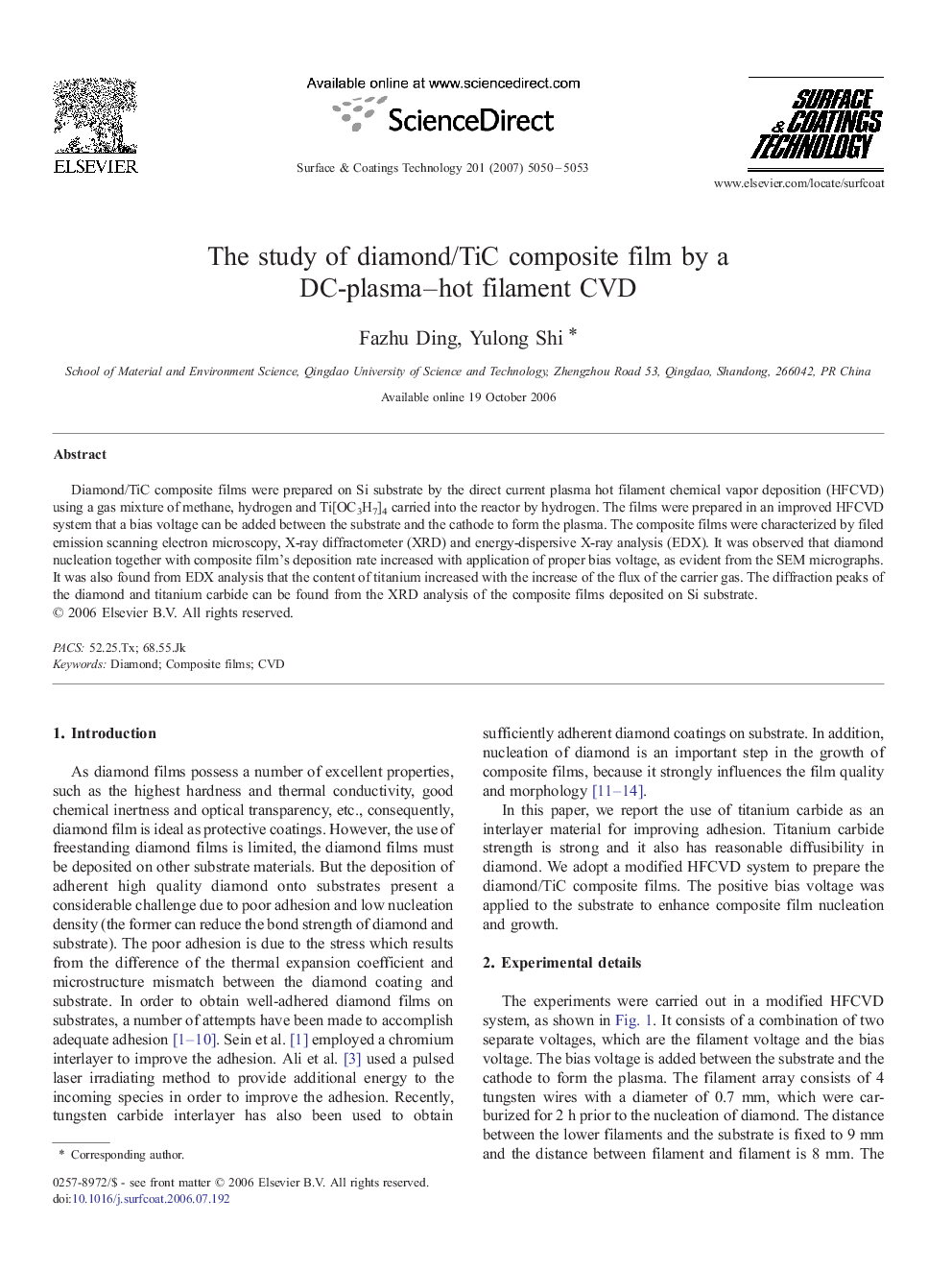 The study of diamond/TiC composite film by a DC-plasma–hot filament CVD