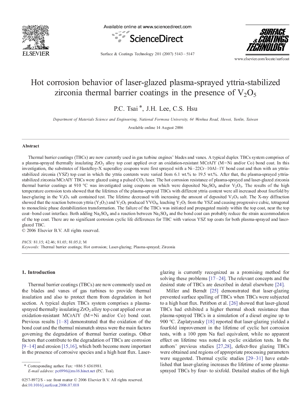 Hot corrosion behavior of laser-glazed plasma-sprayed yttria-stabilized zirconia thermal barrier coatings in the presence of V2O5