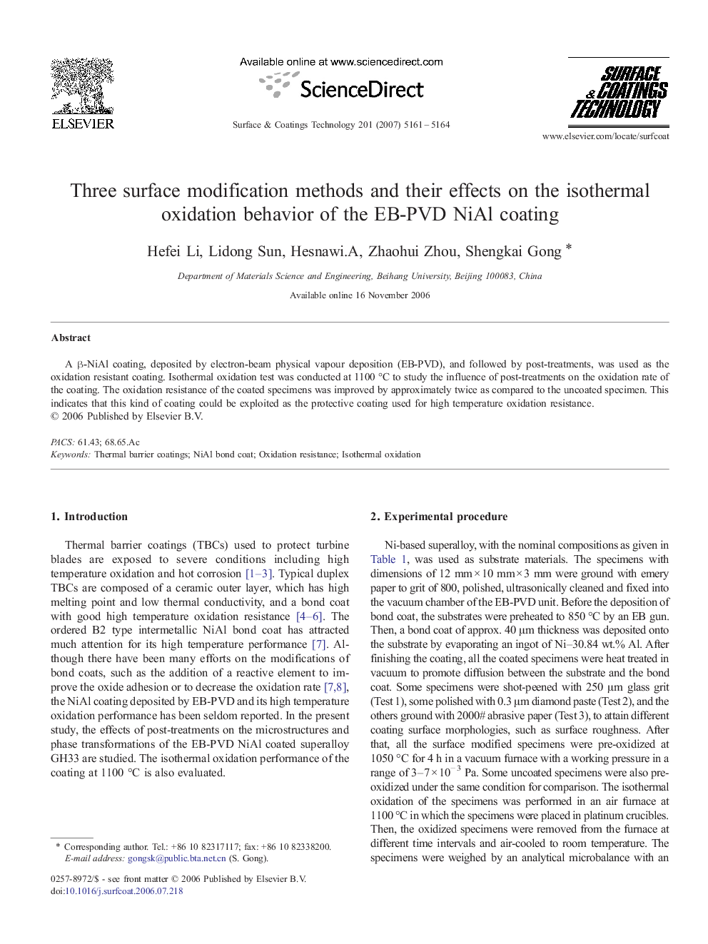 Three surface modification methods and their effects on the isothermal oxidation behavior of the EB-PVD NiAl coating