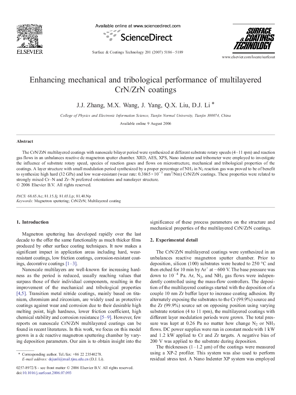 Enhancing mechanical and tribological performance of multilayered CrN/ZrN coatings