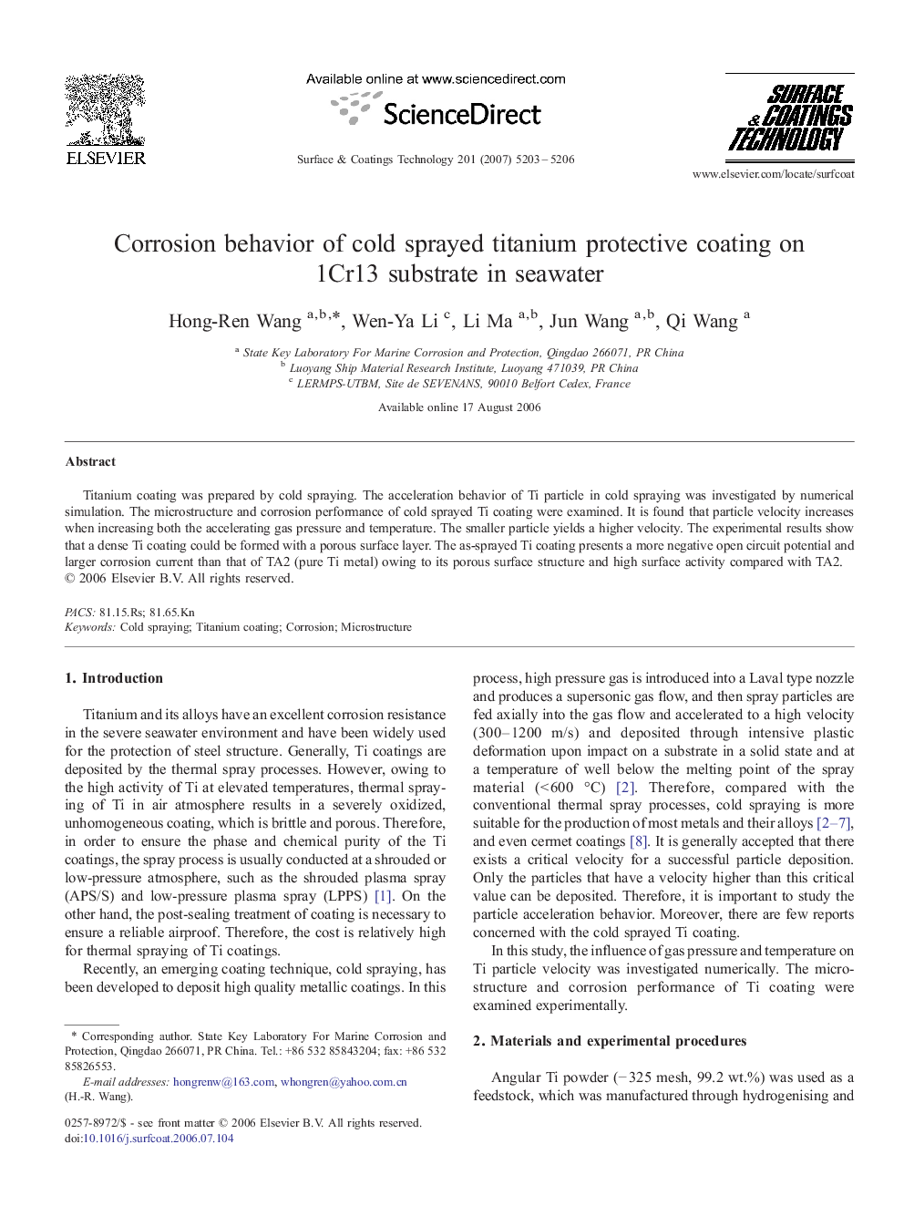 Corrosion behavior of cold sprayed titanium protective coating on 1Cr13 substrate in seawater