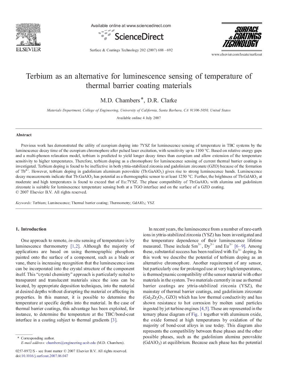 Terbium as an alternative for luminescence sensing of temperature of thermal barrier coating materials