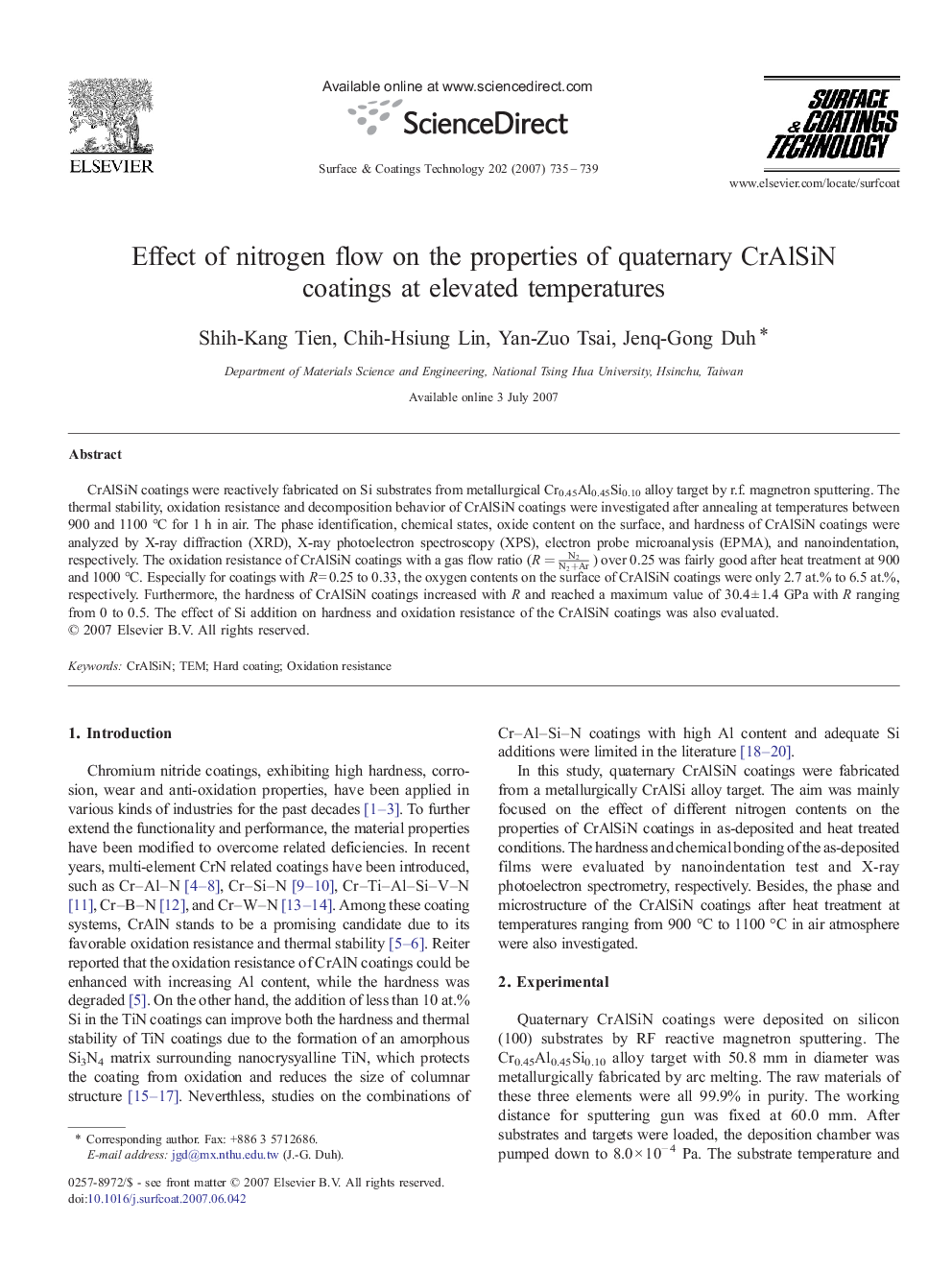 Effect of nitrogen flow on the properties of quaternary CrAlSiN coatings at elevated temperatures