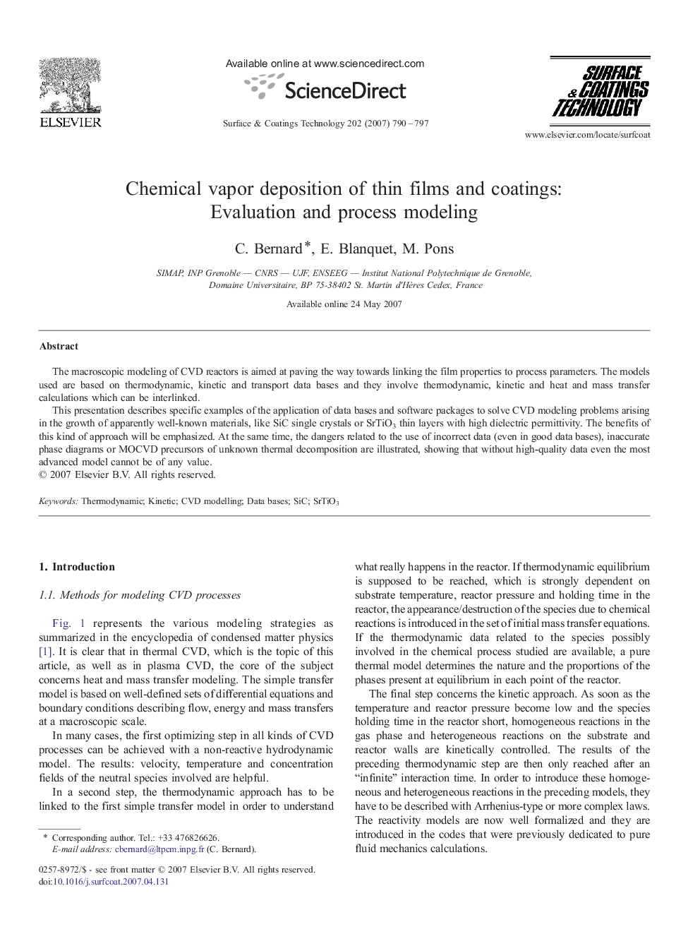 Chemical vapor deposition of thin films and coatings: Evaluation and process modeling