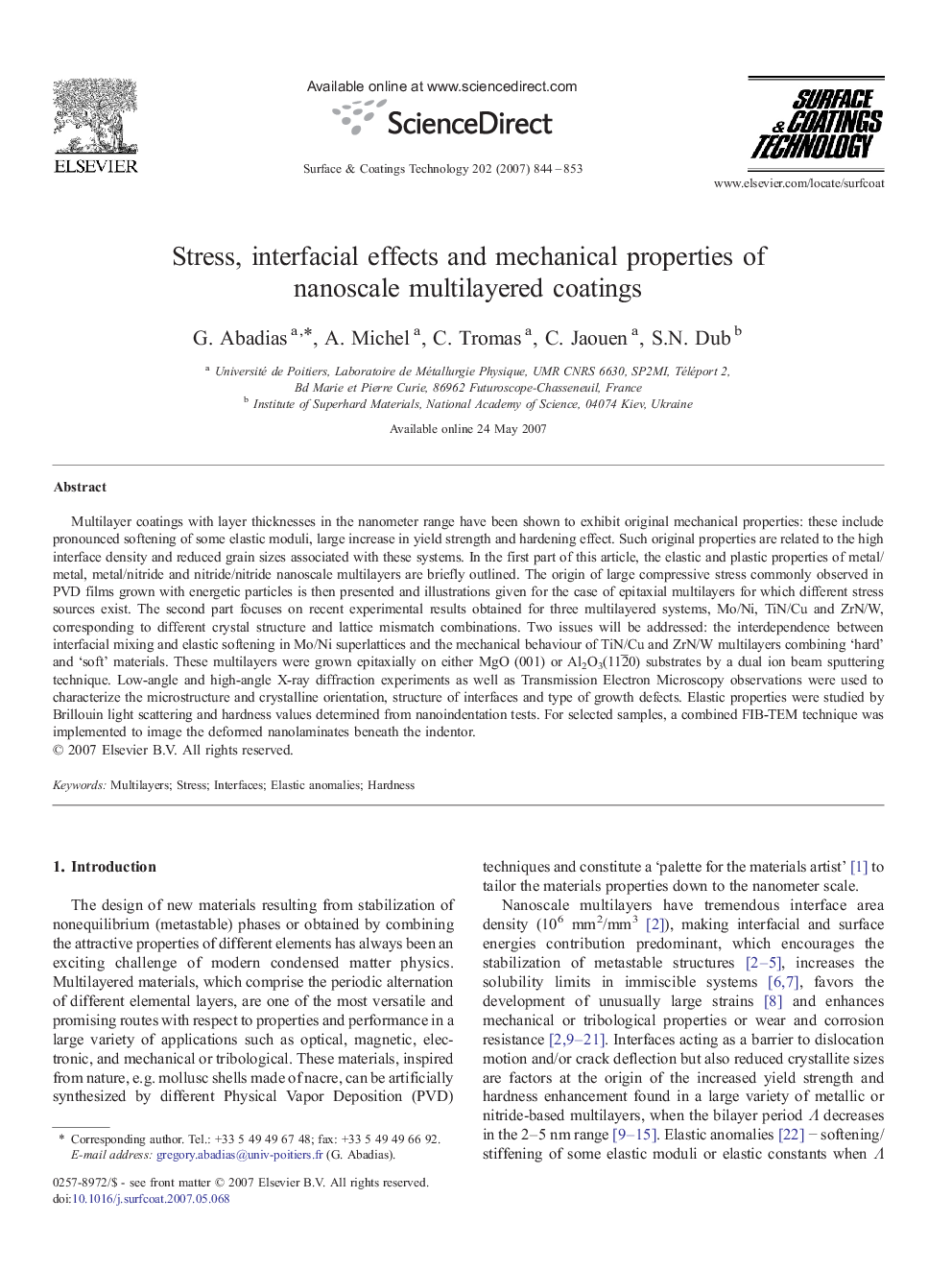 Stress, interfacial effects and mechanical properties of nanoscale multilayered coatings