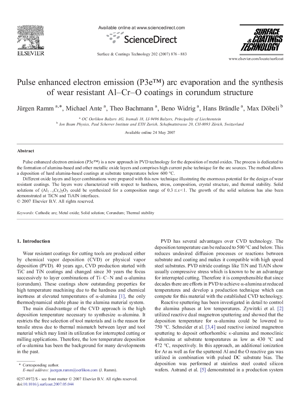 Pulse enhanced electron emission (P3eâ¢) arc evaporation and the synthesis of wear resistant Al-Cr-O coatings in corundum structure