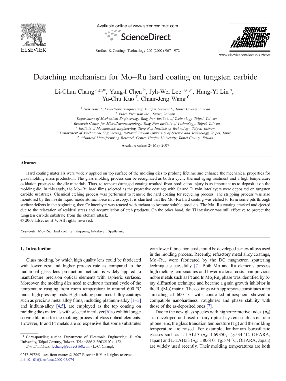 Detaching mechanism for Mo–Ru hard coating on tungsten carbide