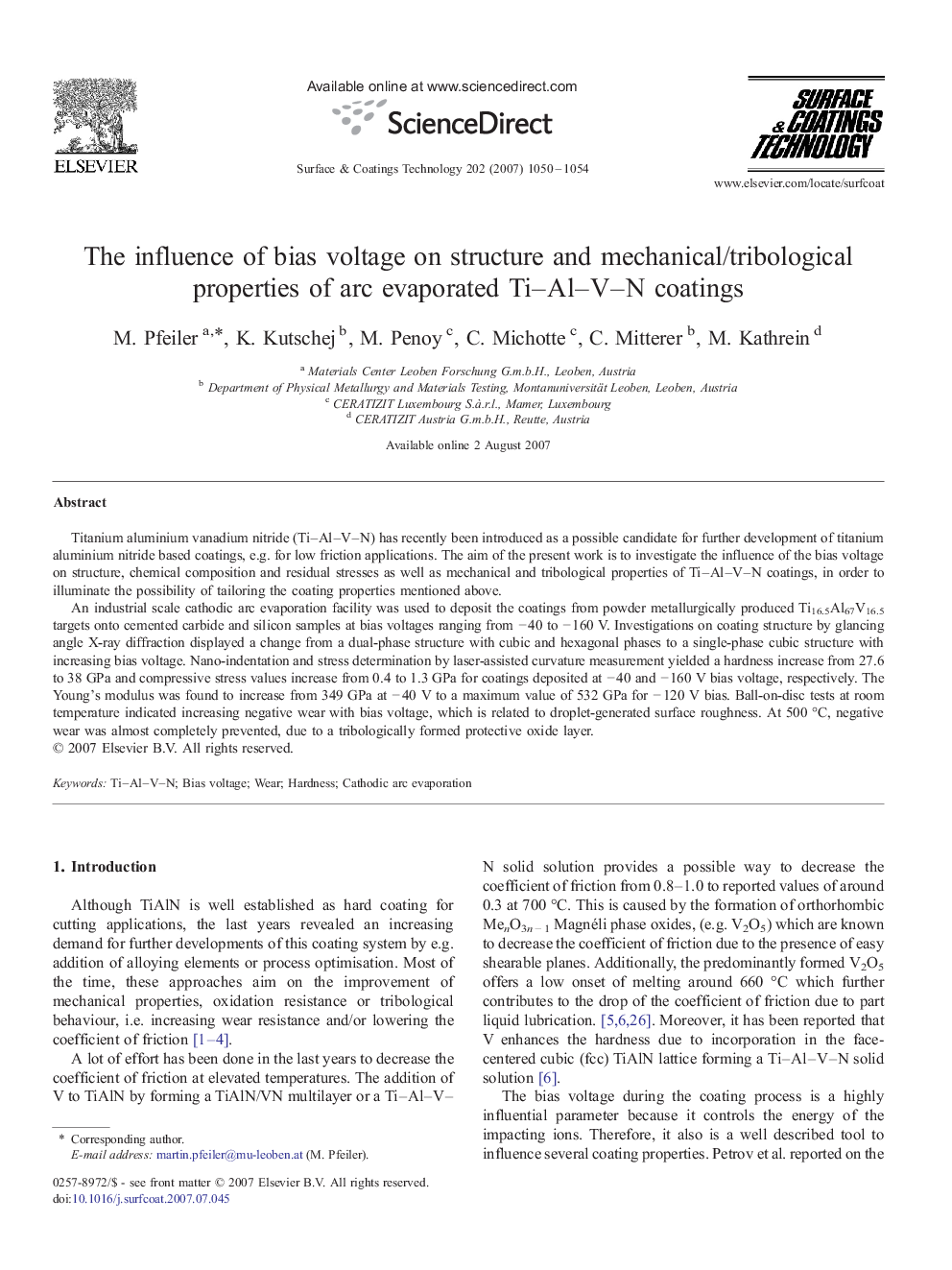 The influence of bias voltage on structure and mechanical/tribological properties of arc evaporated Ti–Al–V–N coatings