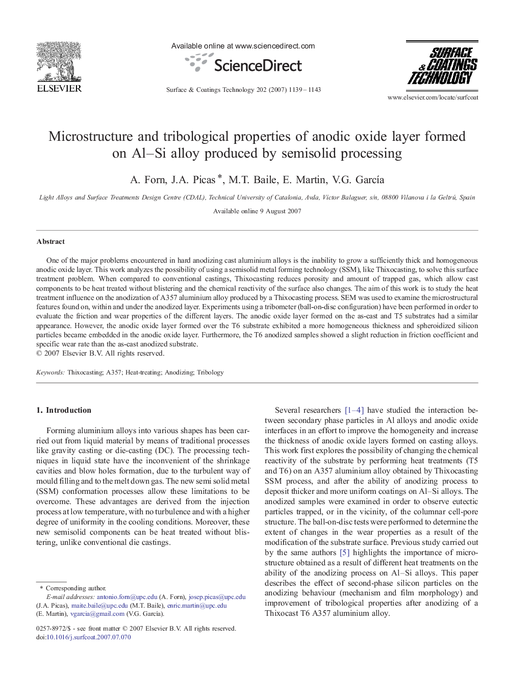 Microstructure and tribological properties of anodic oxide layer formed on Al–Si alloy produced by semisolid processing