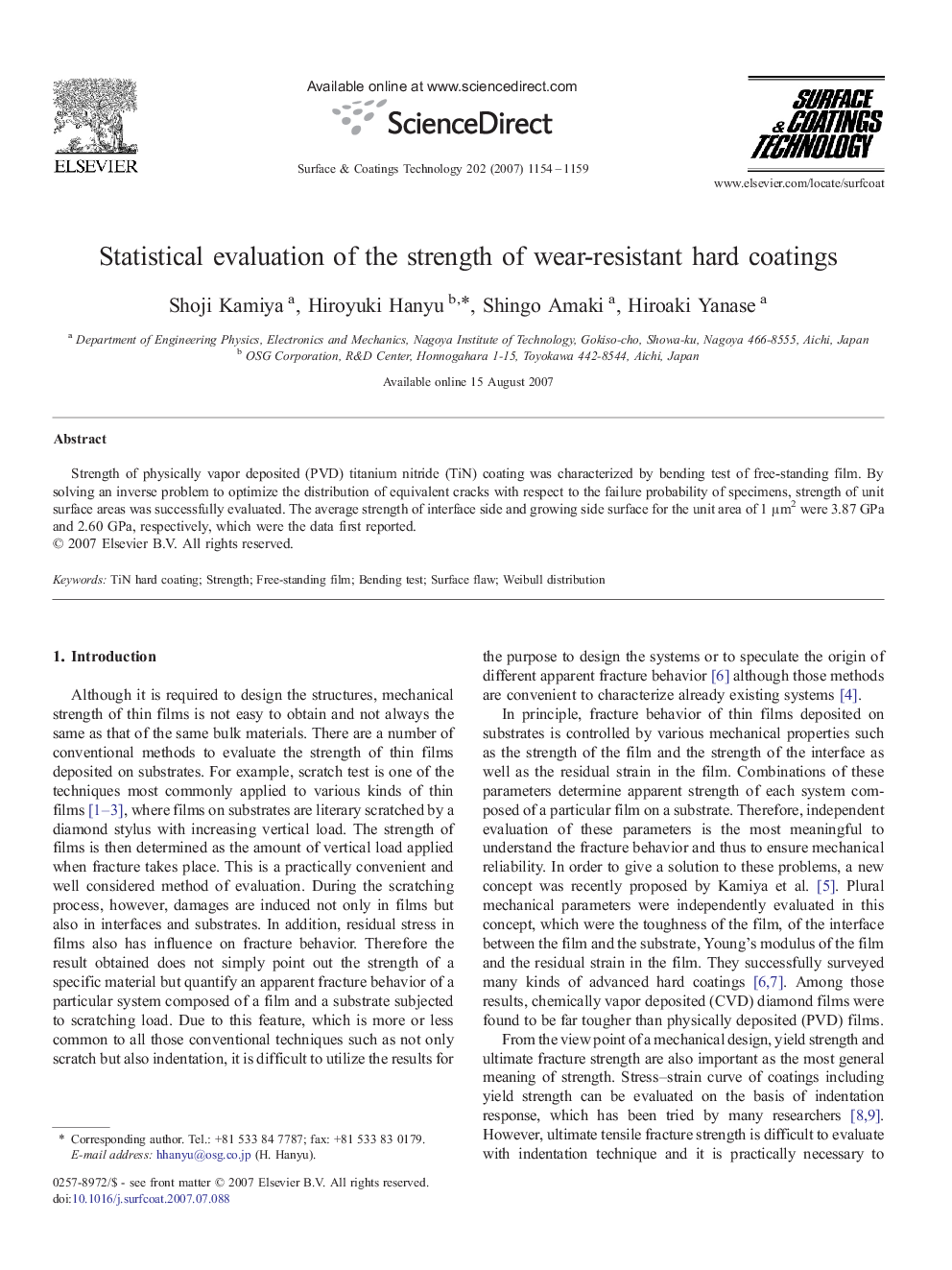 Statistical evaluation of the strength of wear-resistant hard coatings