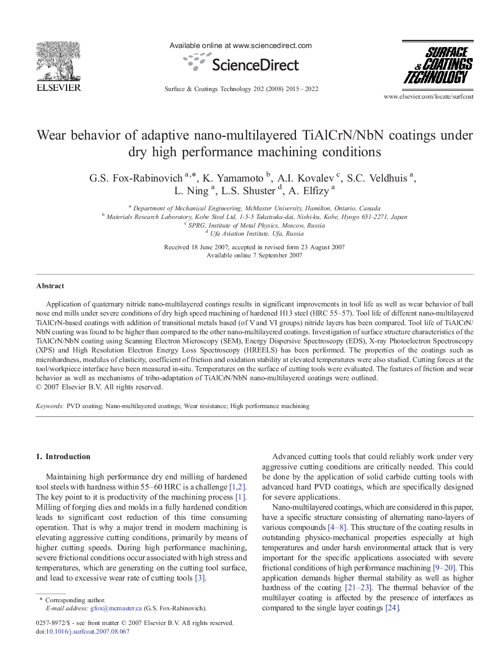 Wear behavior of adaptive nano-multilayered TiAlCrN/NbN coatings under dry high performance machining conditions