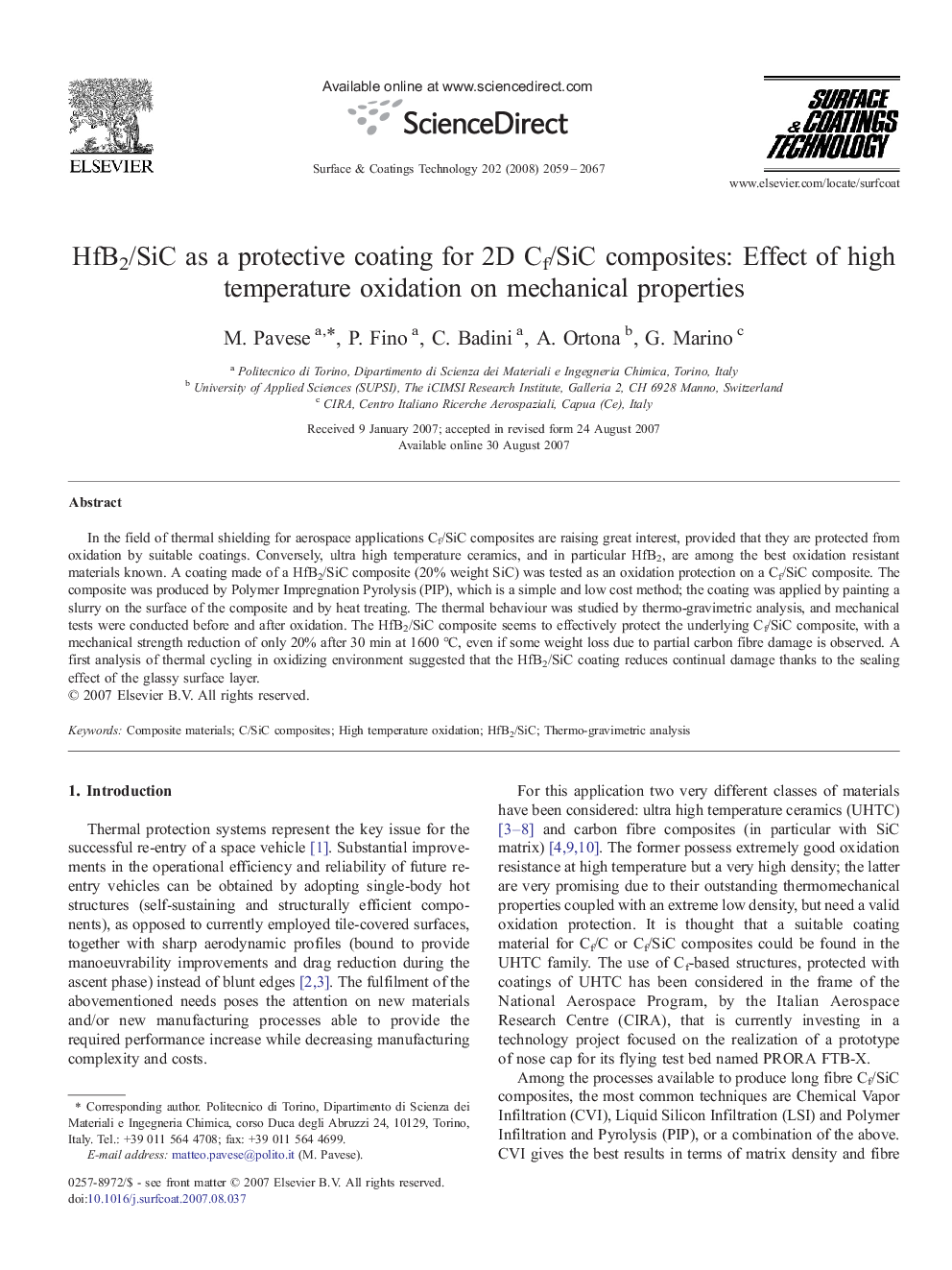 HfB2/SiC as a protective coating for 2D Cf/SiC composites: Effect of high temperature oxidation on mechanical properties