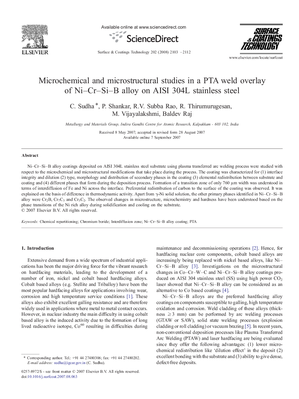 Microchemical and microstructural studies in a PTA weld overlay of Ni–Cr–Si–B alloy on AISI 304L stainless steel