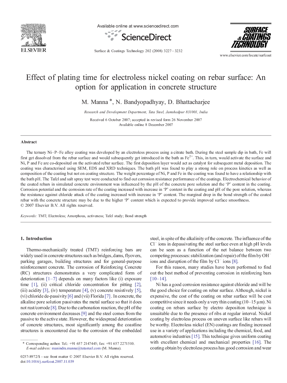 Effect of plating time for electroless nickel coating on rebar surface: An option for application in concrete structure