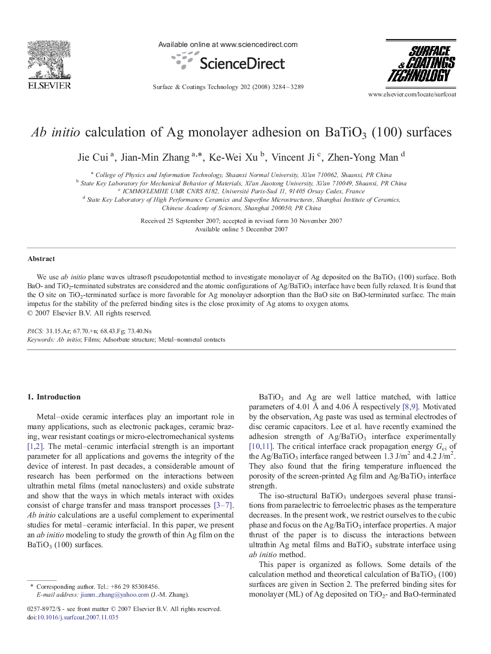 Ab initio calculation of Ag monolayer adhesion on BaTiO3 (100) surfaces