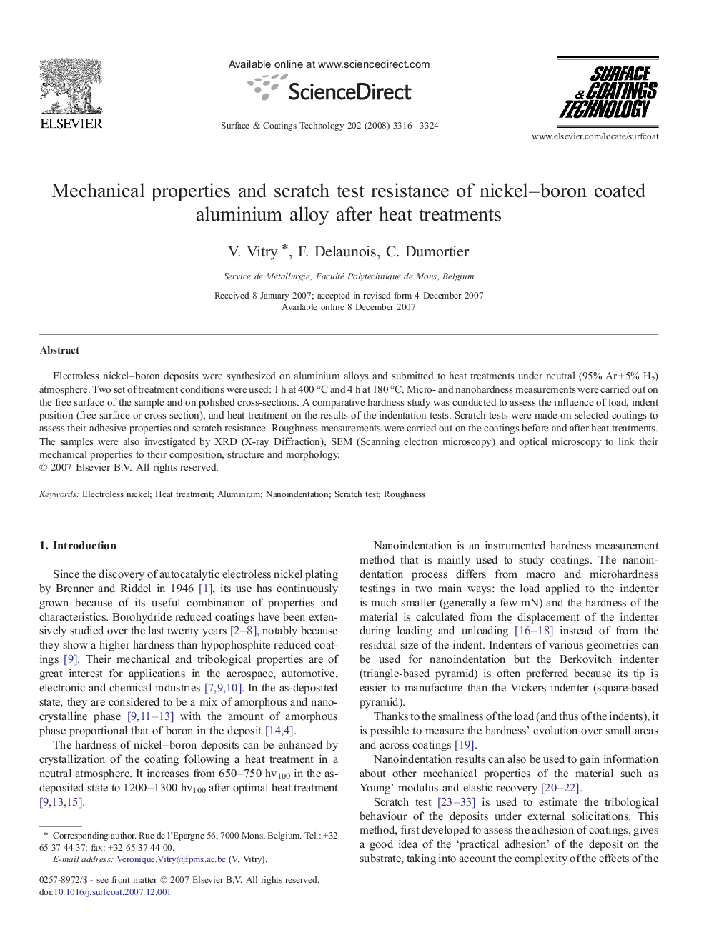 Mechanical properties and scratch test resistance of nickel–boron coated aluminium alloy after heat treatments