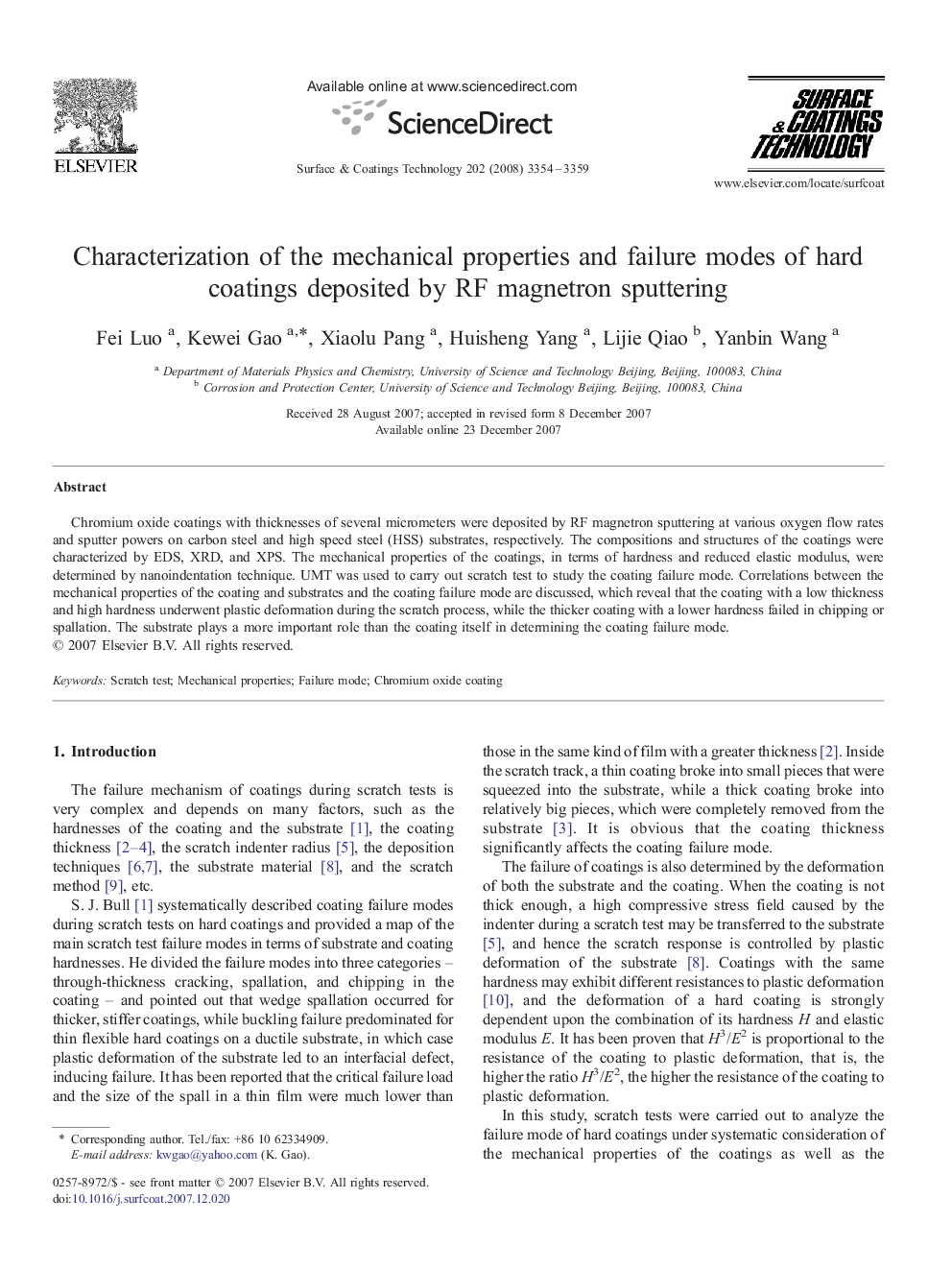 Characterization of the mechanical properties and failure modes of hard coatings deposited by RF magnetron sputtering