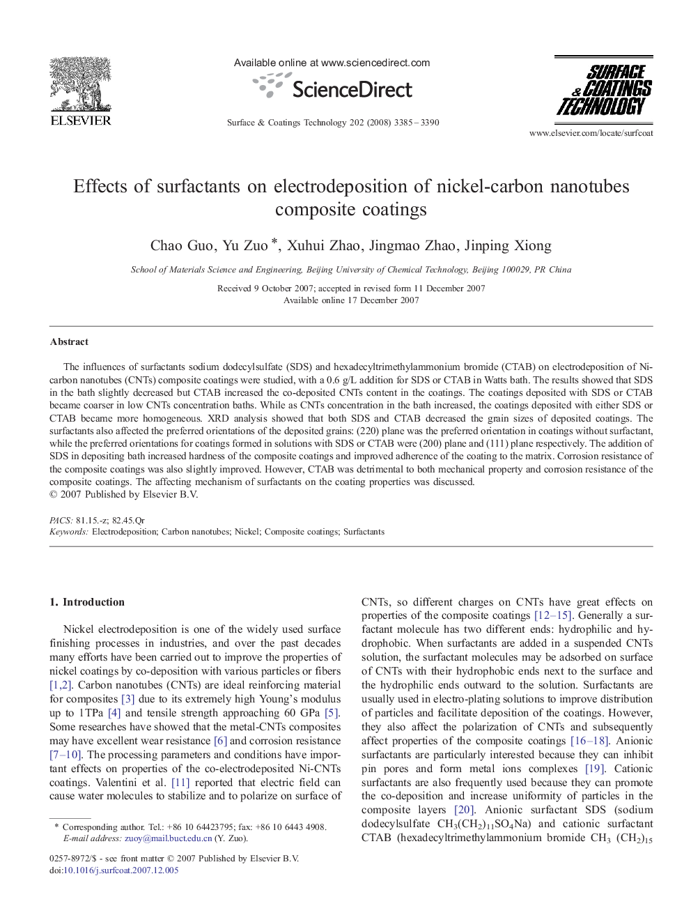 Effects of surfactants on electrodeposition of nickel-carbon nanotubes composite coatings