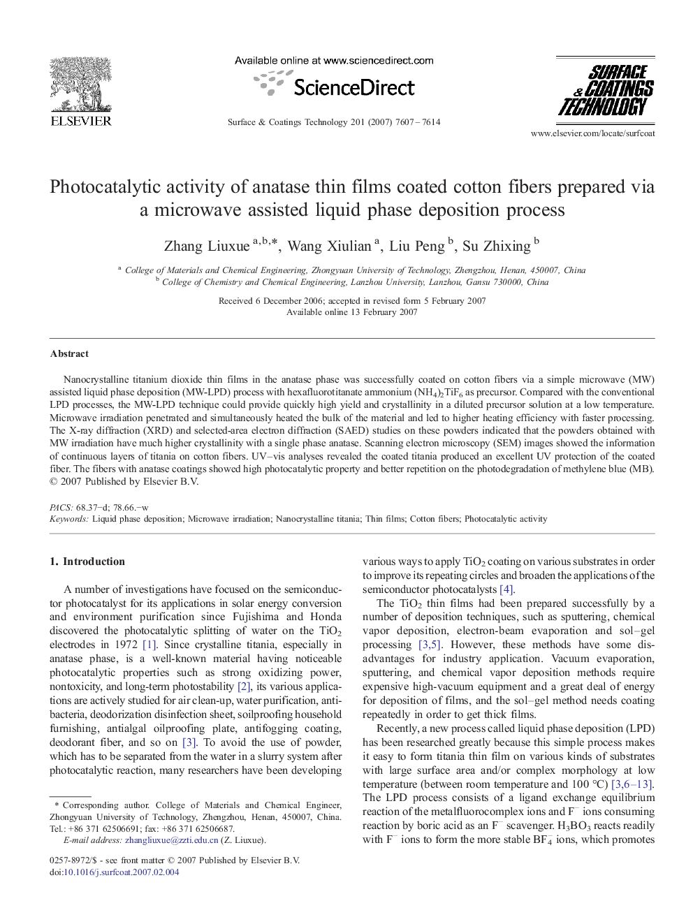 Photocatalytic activity of anatase thin films coated cotton fibers prepared via a microwave assisted liquid phase deposition process