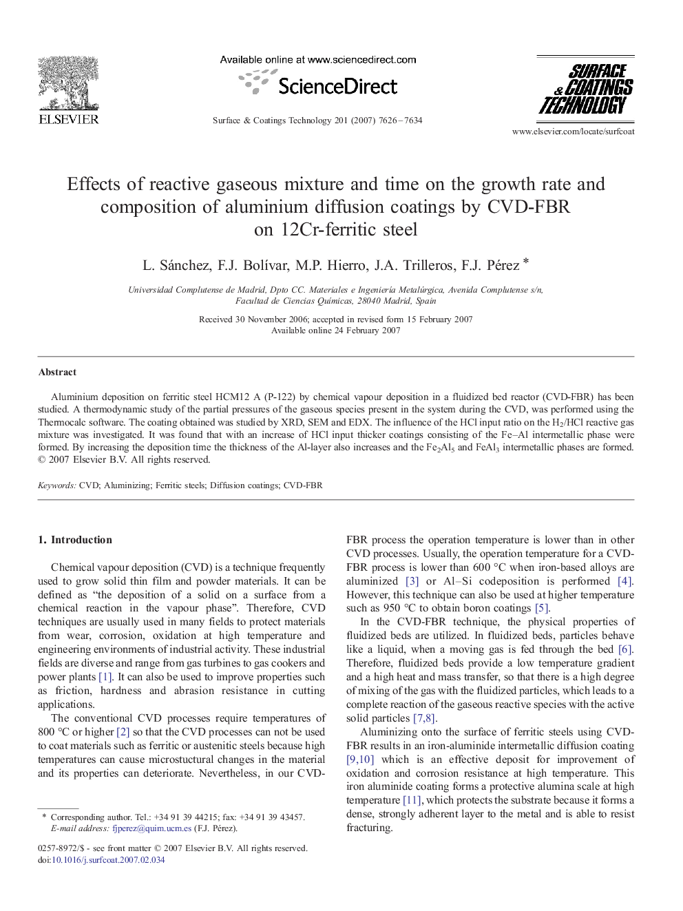 Effects of reactive gaseous mixture and time on the growth rate and composition of aluminium diffusion coatings by CVD-FBR on 12Cr-ferritic steel