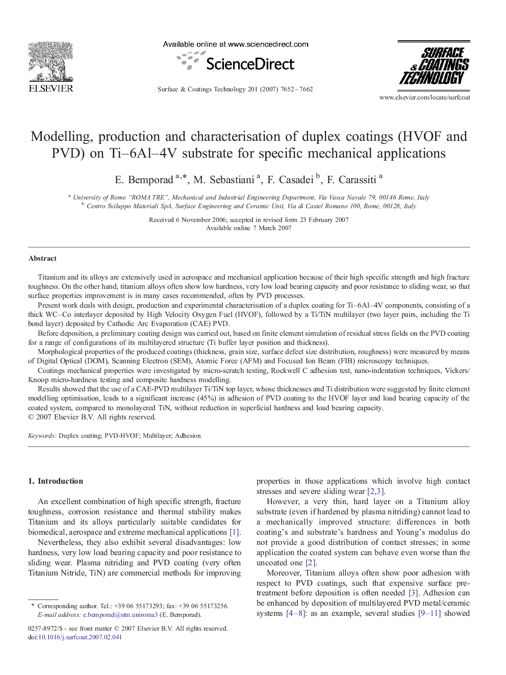 Modelling, production and characterisation of duplex coatings (HVOF and PVD) on Ti–6Al–4V substrate for specific mechanical applications