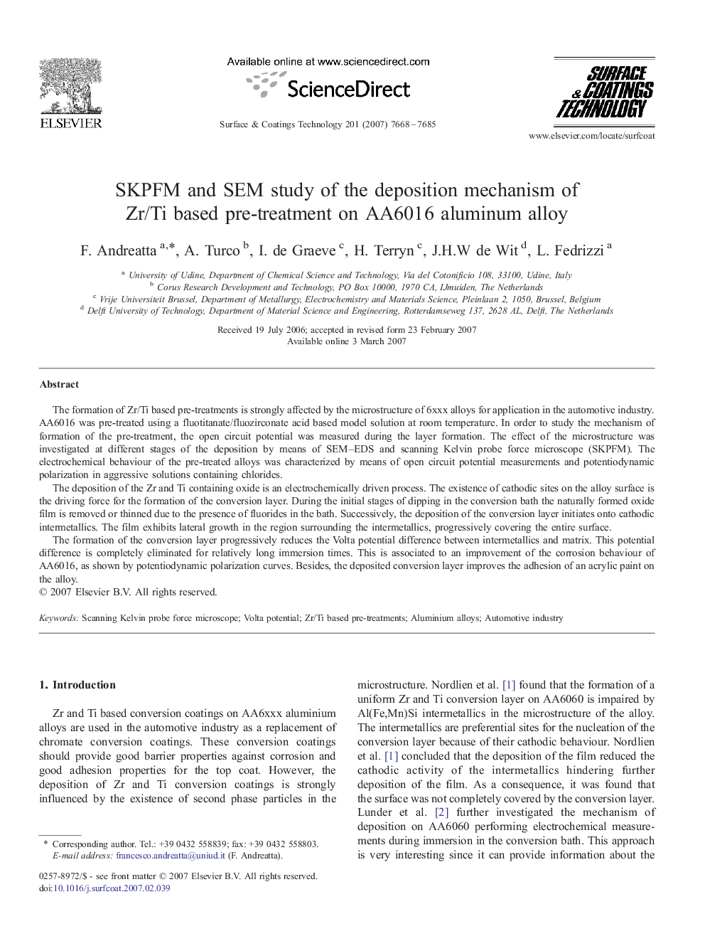 SKPFM and SEM study of the deposition mechanism of Zr/Ti based pre-treatment on AA6016 aluminum alloy