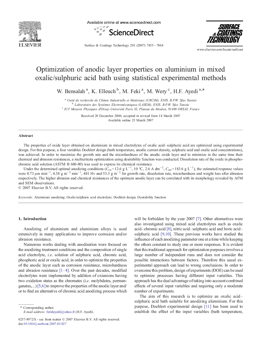 Optimization of anodic layer properties on aluminium in mixed oxalic/sulphuric acid bath using statistical experimental methods