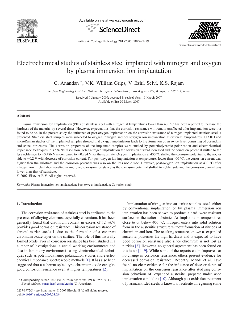 Electrochemical studies of stainless steel implanted with nitrogen and oxygen by plasma immersion ion implantation