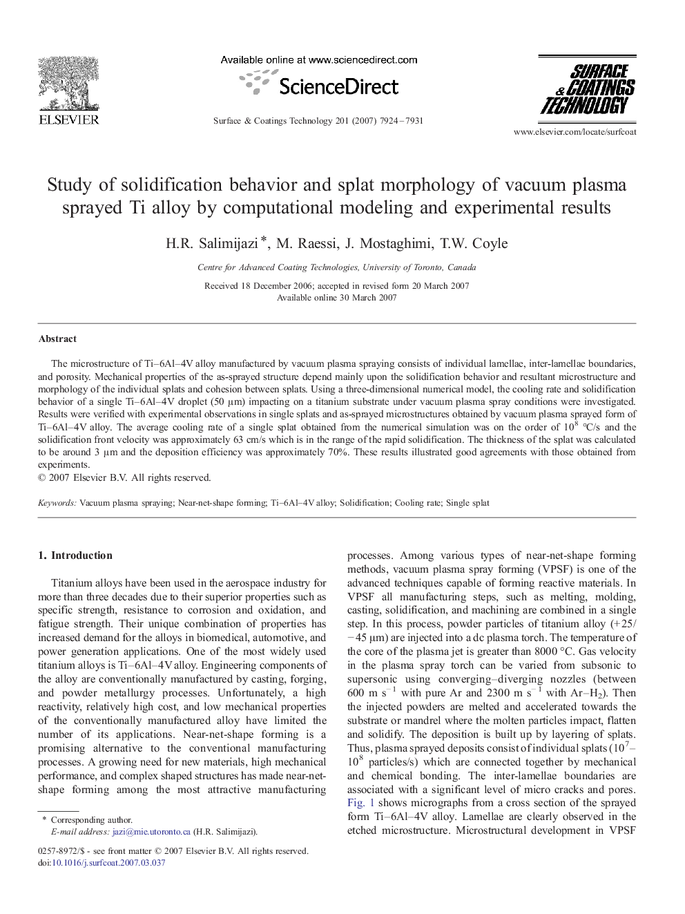 Study of solidification behavior and splat morphology of vacuum plasma sprayed Ti alloy by computational modeling and experimental results