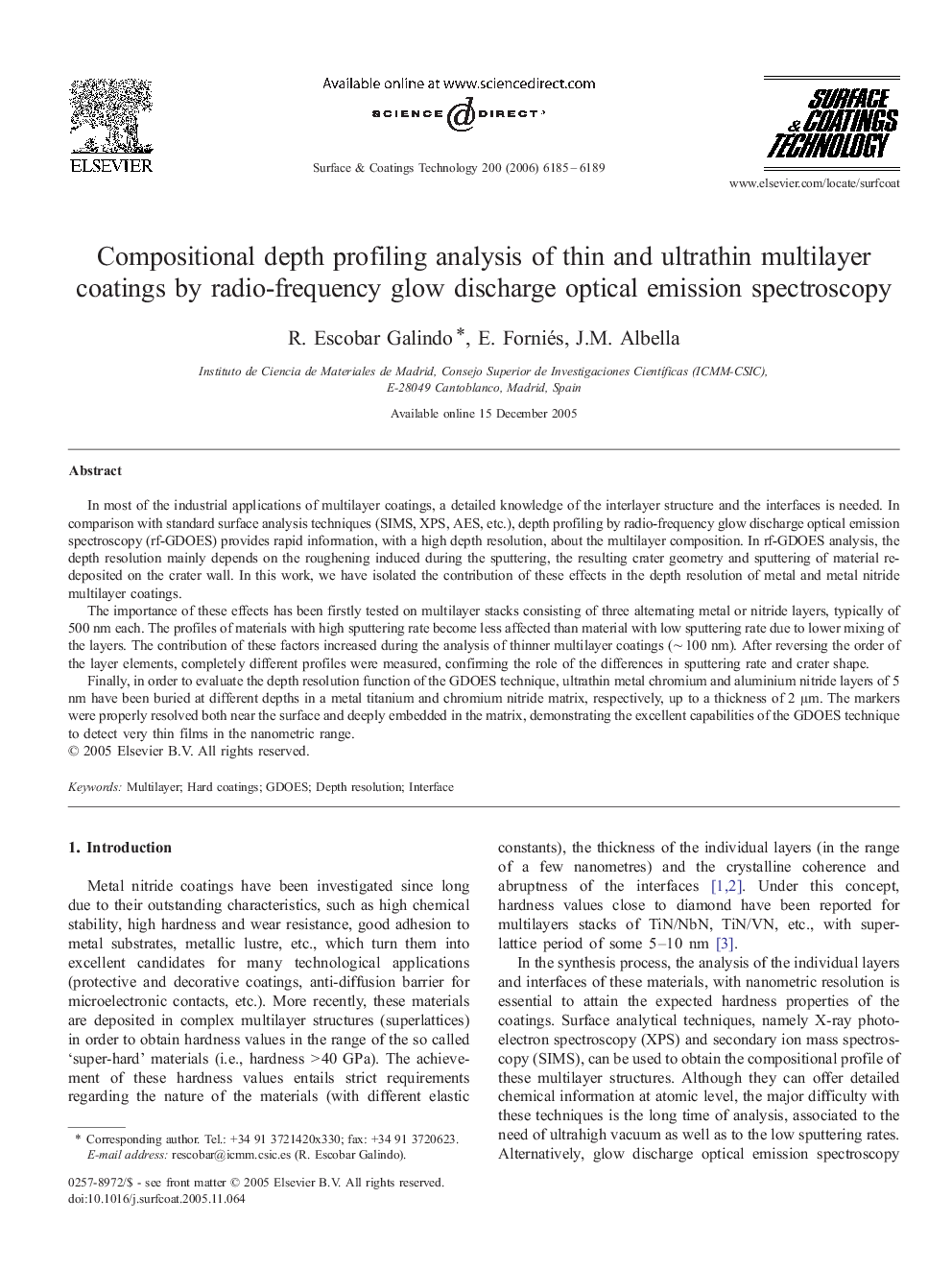 Compositional depth profiling analysis of thin and ultrathin multilayer coatings by radio-frequency glow discharge optical emission spectroscopy