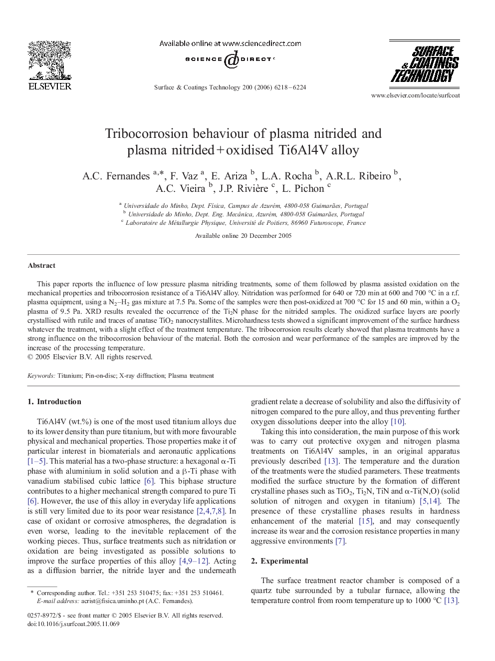 Tribocorrosion behaviour of plasma nitrided and plasma nitrided + oxidised Ti6Al4V alloy