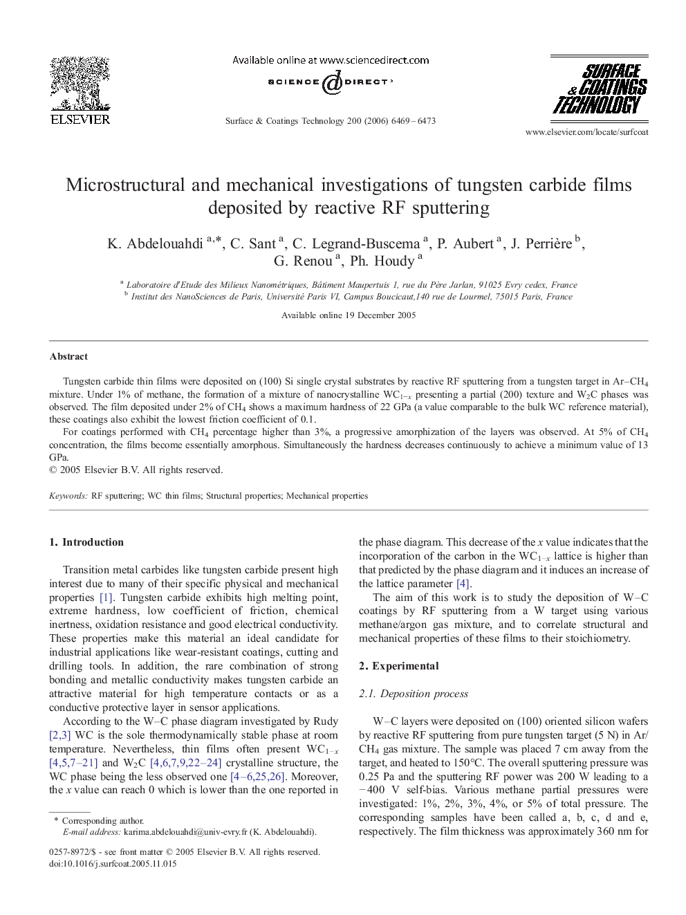 Microstructural and mechanical investigations of tungsten carbide films deposited by reactive RF sputtering