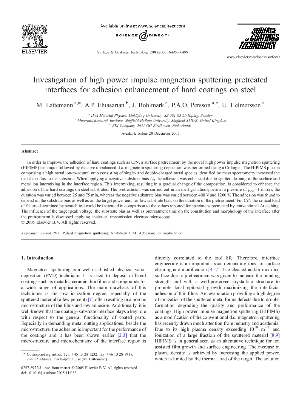 Investigation of high power impulse magnetron sputtering pretreated interfaces for adhesion enhancement of hard coatings on steel