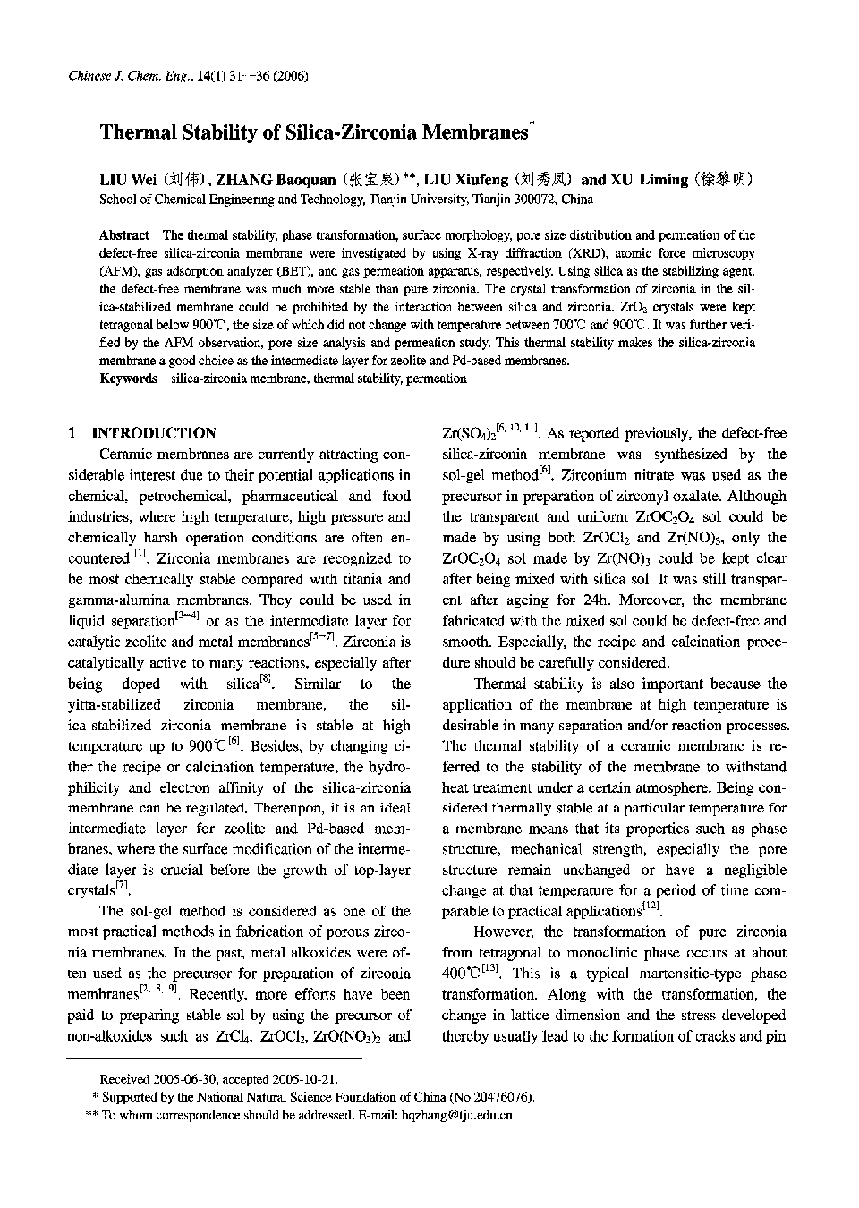 Thermal Stability of Silica-Zirconia Membranes1 