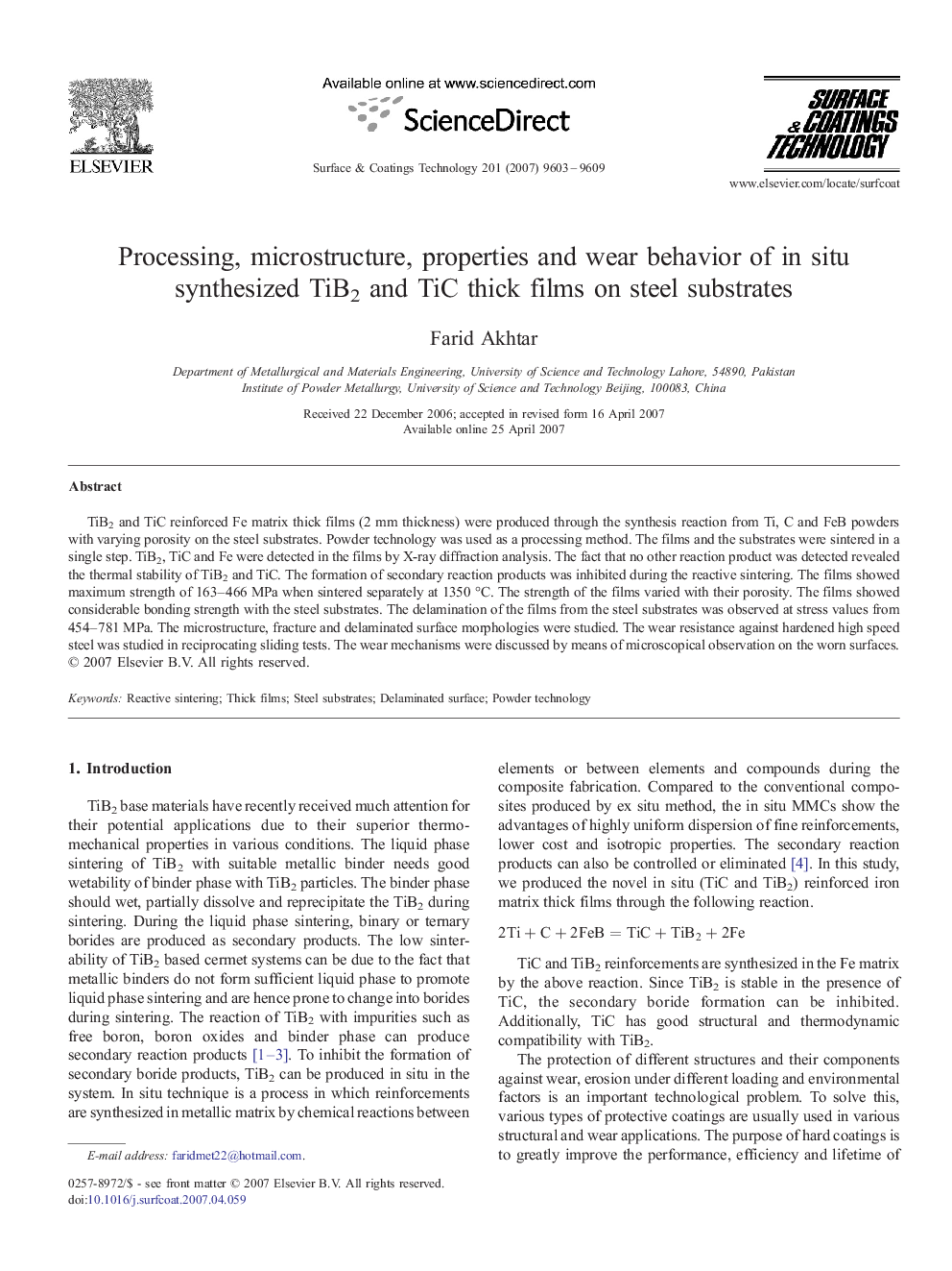 Processing, microstructure, properties and wear behavior of in situ synthesized TiB2 and TiC thick films on steel substrates