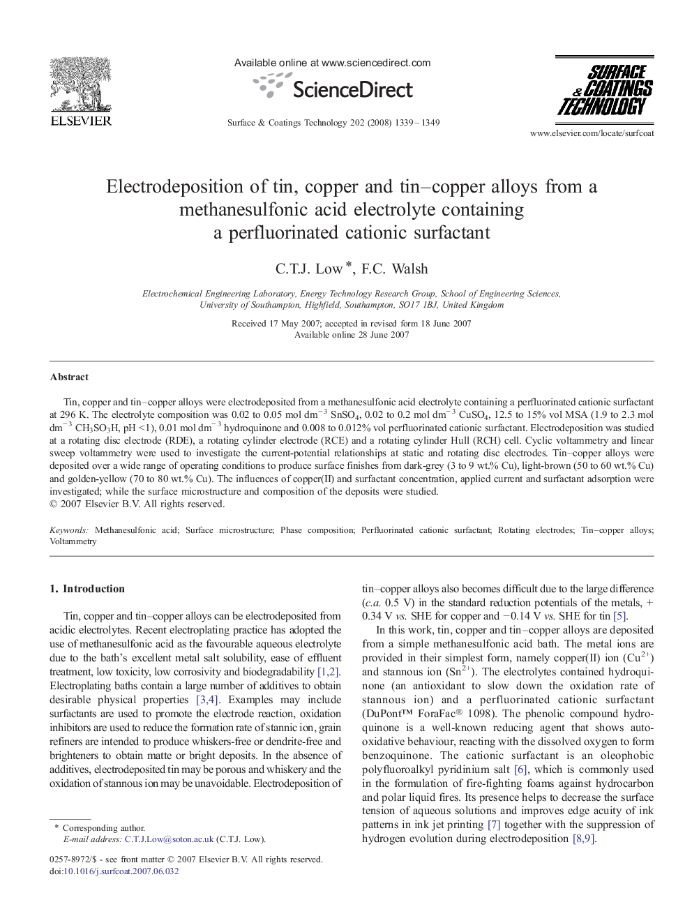 Electrodeposition of tin, copper and tin-copper alloys from a methanesulfonic acid electrolyte containing a perfluorinated cationic surfactant