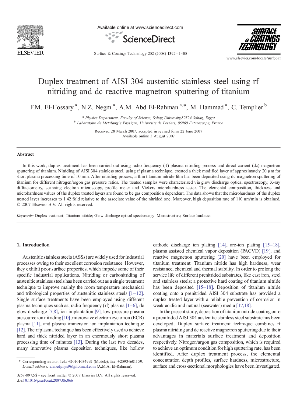 Duplex treatment of AISI 304 austenitic stainless steel using rf nitriding and dc reactive magnetron sputtering of titanium