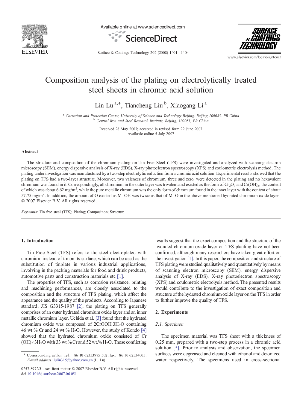 Composition analysis of the plating on electrolytically treated steel sheets in chromic acid solution