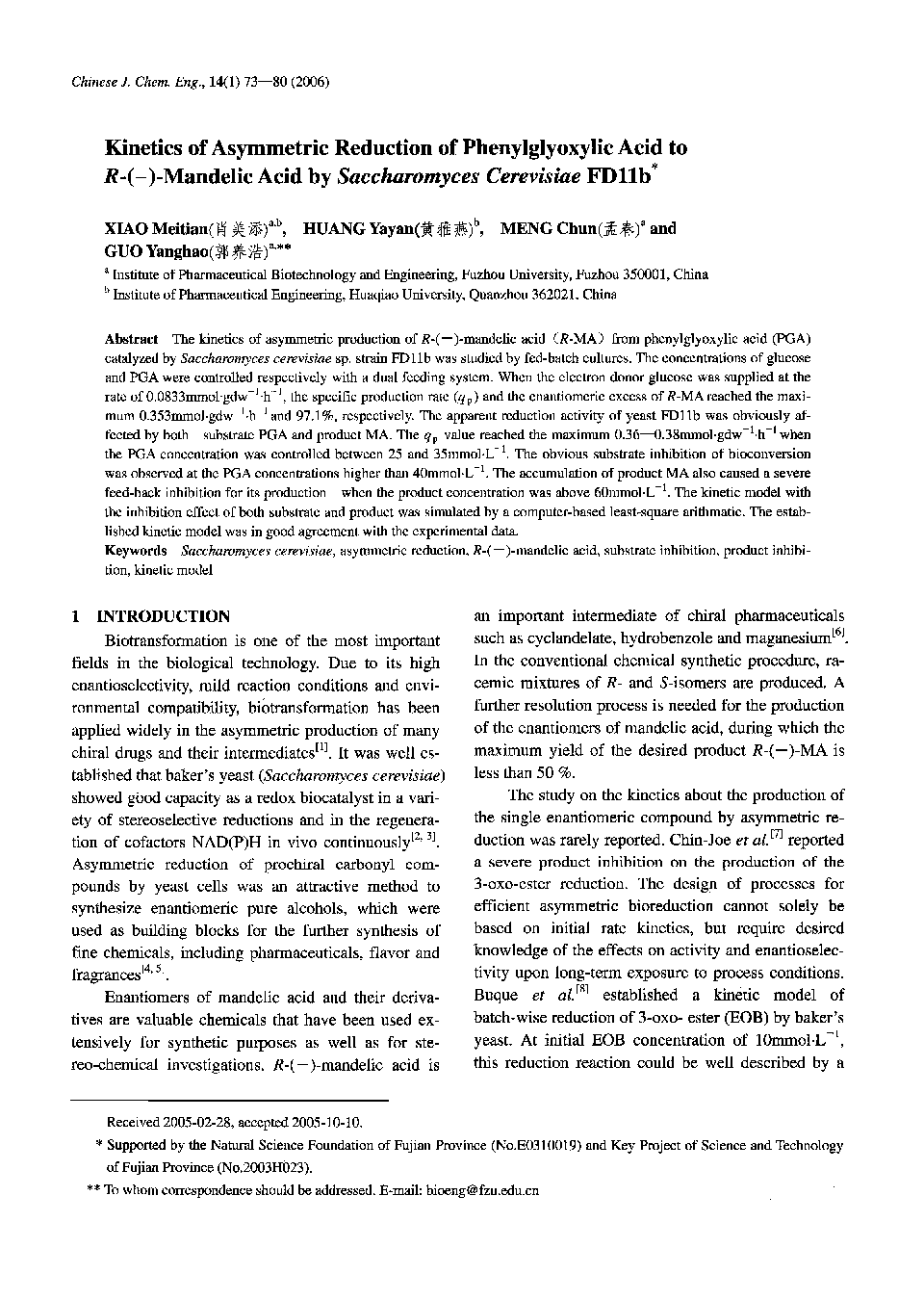 Kinetics of Asymmetric Reduction of Phenylglyoxylic Acid to R-(–)-Mandelic Acid by Saccharomyces Cerevisiae FD11b1 